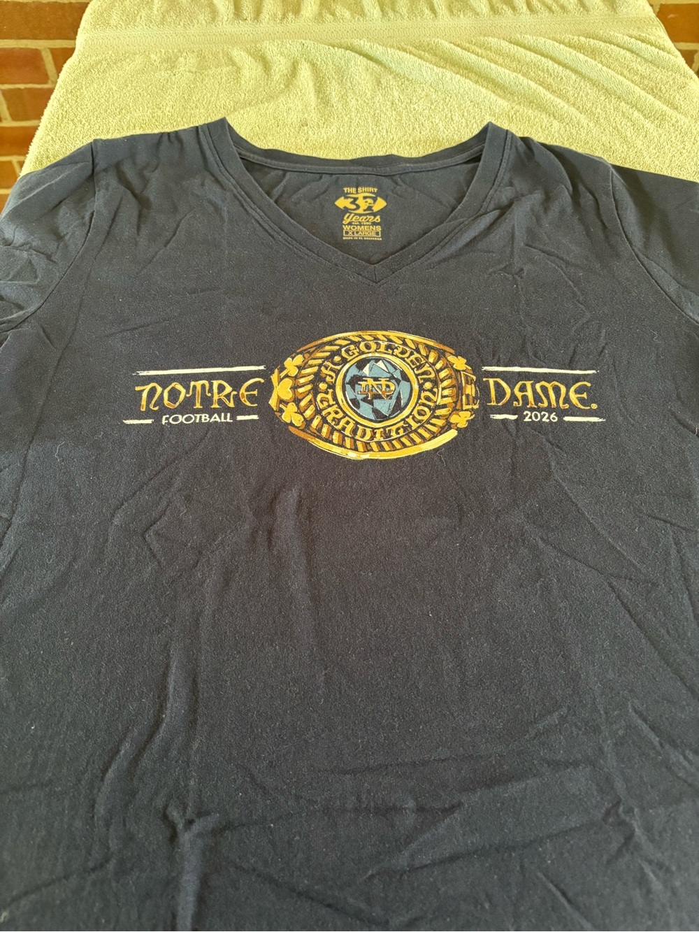 Notre Dame Football Navy V-Neck T-Shirt with Gold Crest